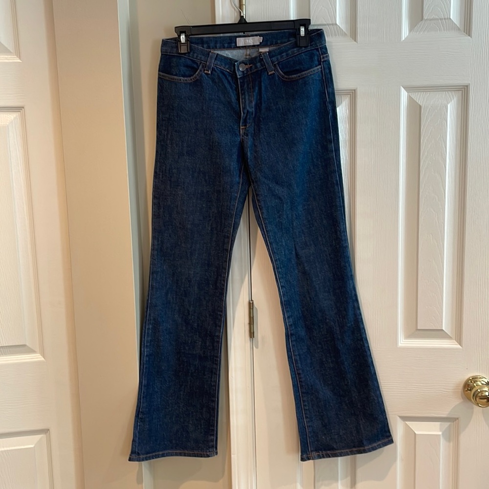 J Crew Women’s dark wash wide leg jeans size 4 with brown thread
